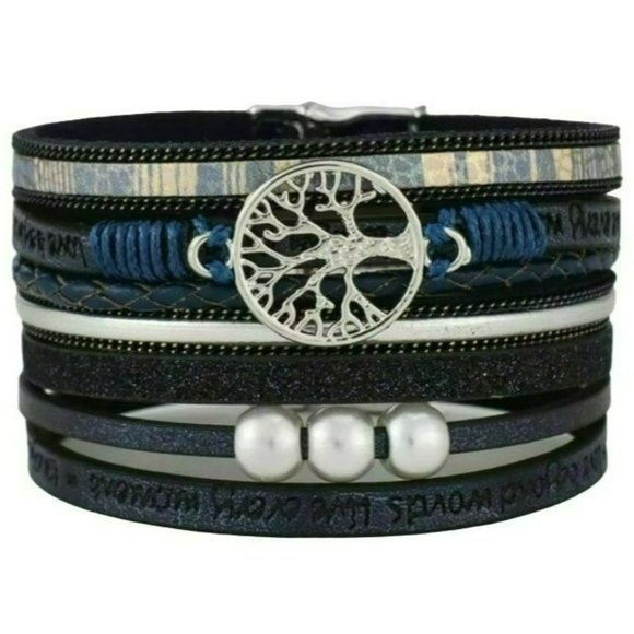 Multilayer Leather Bangle Magnetic Clasp Bracelet for Men or Women 7.5in Blue - Picture 10 of 10